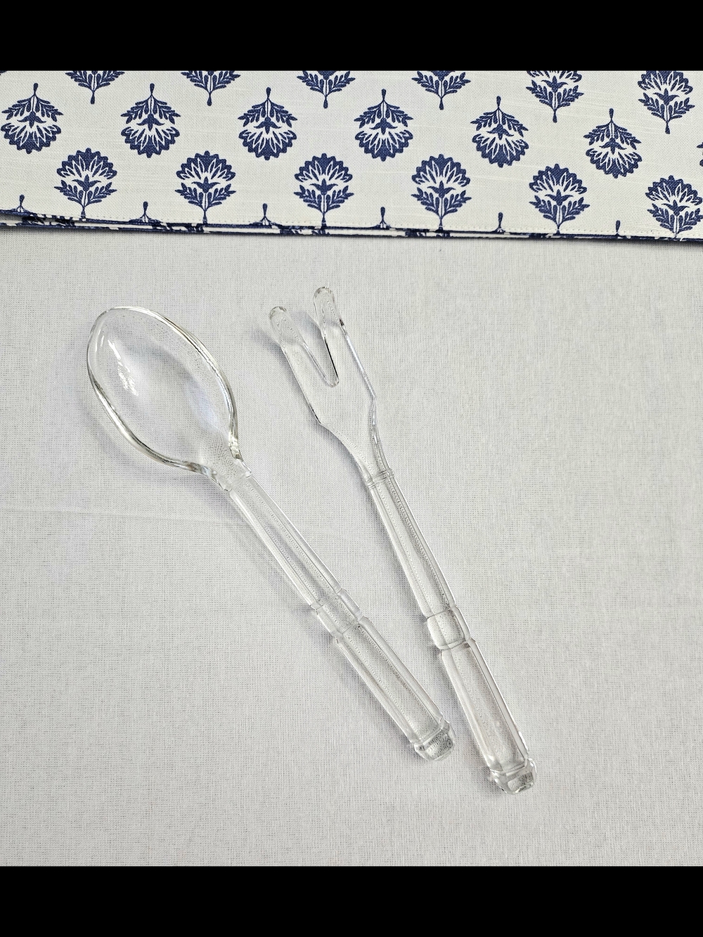 VINTAGE Clear Glass Salad Serving Set Spoon & Fork Ribbed Handle 1960s